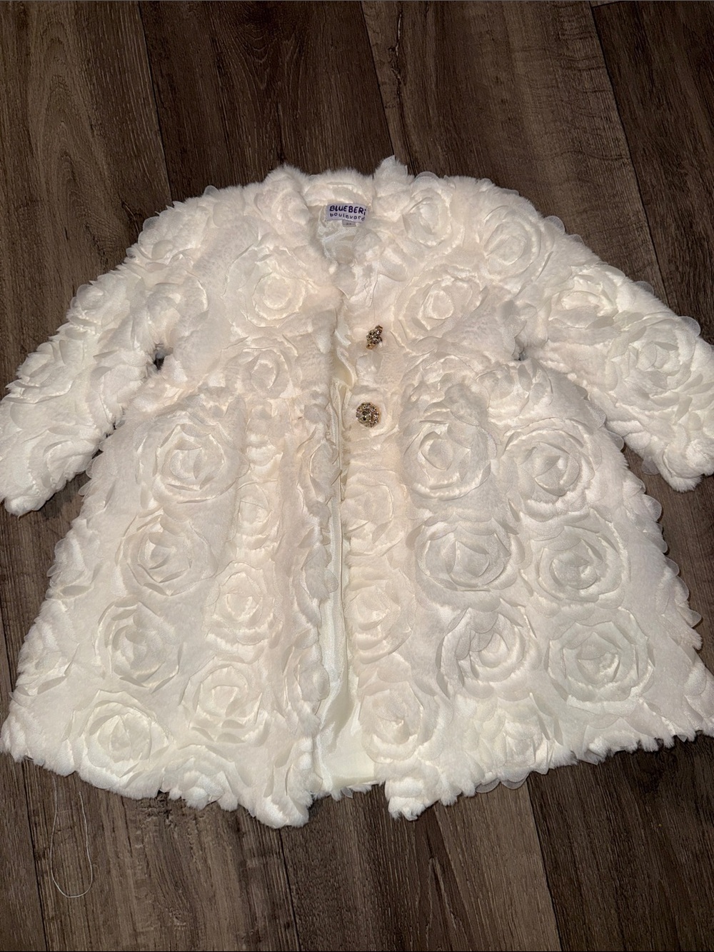Blueberi Boulevard Cream Floral Faux-Fur Girls' Pea Coat